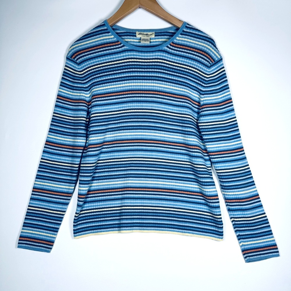 Eddie Bauer Womens Rib‎ Knit Long Sleeve Top XL Blue Stripe Made in Australia